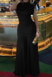 Black Elegant Solid Color Ruched O Neck Long Dresses