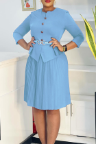 Blue Elegant Solid Color With Belt Pleated O Neck Long Dresses
