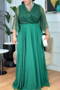 Green Casual Solid Color Hot Drill V Neck Long Plus Size Dresses