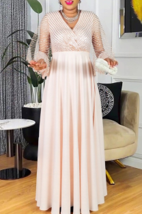 Champagne Casual Solid Color Hot Drill V Neck Long Plus Size Dresses