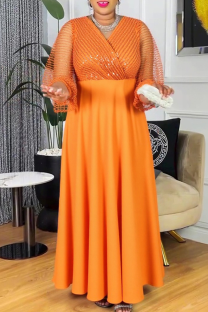 Orange Casual Solid Color Hot Drill V Neck Long Plus Size Dresses