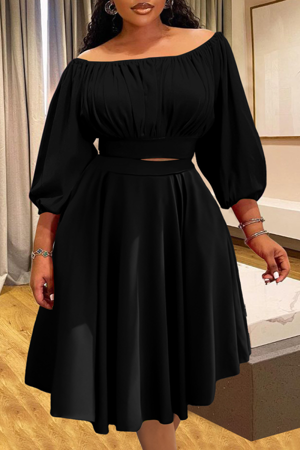 Black Elegant Solid Color Ruched Off Shoulder Plus Size Two Pieces