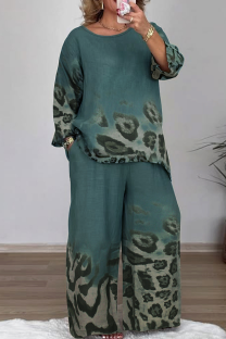 Green Casual Print Patchwork O Neck Plus Size Two Pieces