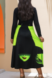 Black Casual Print Contrast O Neck Long Dresses