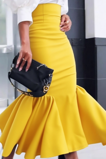 Yellow Elegant Solid Color Zipper Speaker Patchwork Bottoms