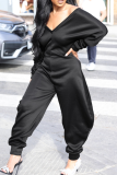 White Casual Solid Color Patchwork V Neck Regular Jumpsuits