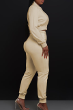Khaki Casual Solid Color Buckle O Neck Long Sleeve Two Pieces