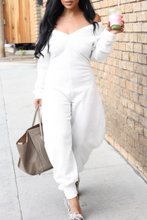 White Casual Solid Color Patchwork V Neck Regular Jumpsuits
