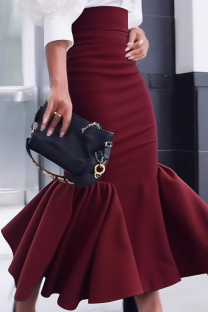 Burgundy Elegant Solid Color Zipper Speaker Patchwork Bottoms