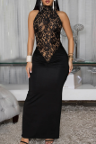 Black Sexy Solid Color Lace Turtleneck Long Dresses