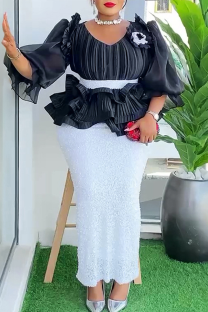 White Elegant Solid Color Sequins Flower Shape O Neck Wrapped Skirt Plus Size Dresses