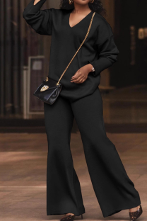 Black Casual Solid Color Patchwork V Neck Long Sleeve Two Pieces