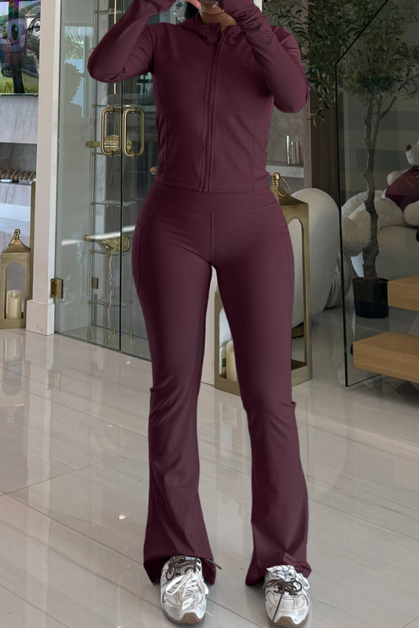 Burgundy Casual Solid Color Zipper Hooded Long Sleeve Two Pieces