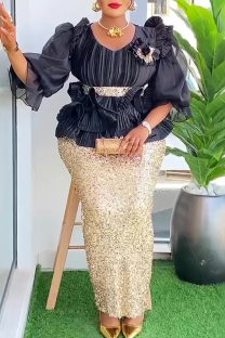 Champagne Elegant Solid Color Sequins Flower Shape O Neck Wrapped Skirt Plus Size Dresses