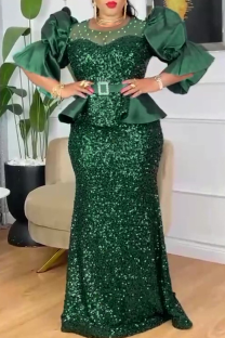 Green Elegant Solid Color Sequins O Neck Long Plus Size Dresses