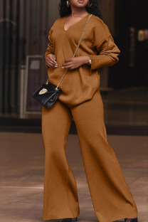 Brown Casual Solid Color Patchwork V Neck Long Sleeve Two Pieces
