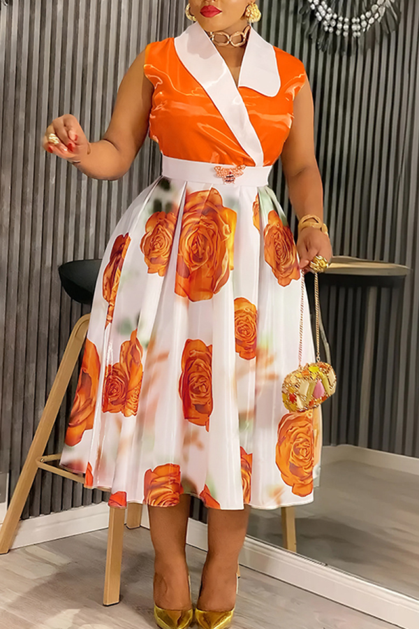 White Elegant Print Contrast V Neck A Line Plus Size Dresses
