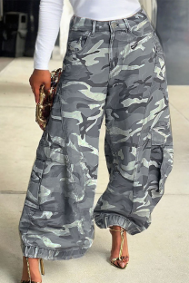 Camouflage Casual Camouflage Print Pocket Loose Wide Leg Full Print Bottoms