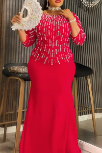 Red Elegant Solid Color Hot Drill Zipper O Neck Evening Plus Size Dresses