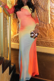 Orange Yellow Elegant Print Patchwork O Neck Long Dresses