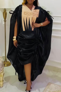 Black Casual Ruched Contrast V Neck Long Dresses