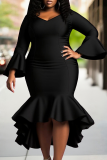 Black Sexy Solid Color V Neck Fishtail Plus Size Dresses