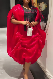 Red Casual Ruched Contrast V Neck Long Dresses