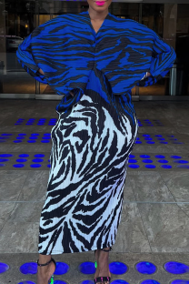 Blue Elegant Stripe Contrast V Neck Long Plus Size Dresses