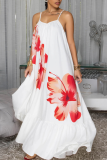 White Sexy Print Backless Spaghetti Strap Long Dresses