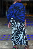 Blue Elegant Stripe Contrast V Neck Long Plus Size Dresses