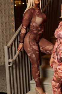 Brown Sexy Print See-Through O Neck Long Sleeve Two Pieces