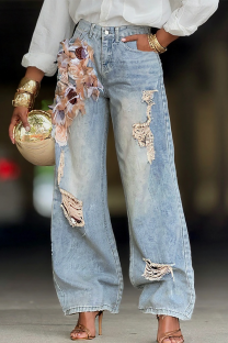 Blue Casual Flowers Ripped High Waist Loose Denim Jeans