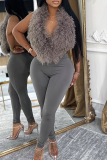 Burgundy Sexy Solid Color Backless Fluffy Deep V Neck Sleeveless Two Pieces