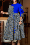 Blue Elegant Plaid Contrast Flower Shape O Neck Long Dresses
