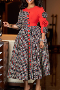 Red Elegant Plaid Contrast Flower Shape O Neck Long Dresses