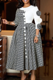 Blue Elegant Plaid Contrast Flower Shape O Neck Long Dresses