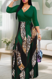 Green Casual Print Strap Design V Neck Long Dresses