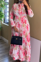 Pink Elegant Print Pleated O Neck Long Dresses