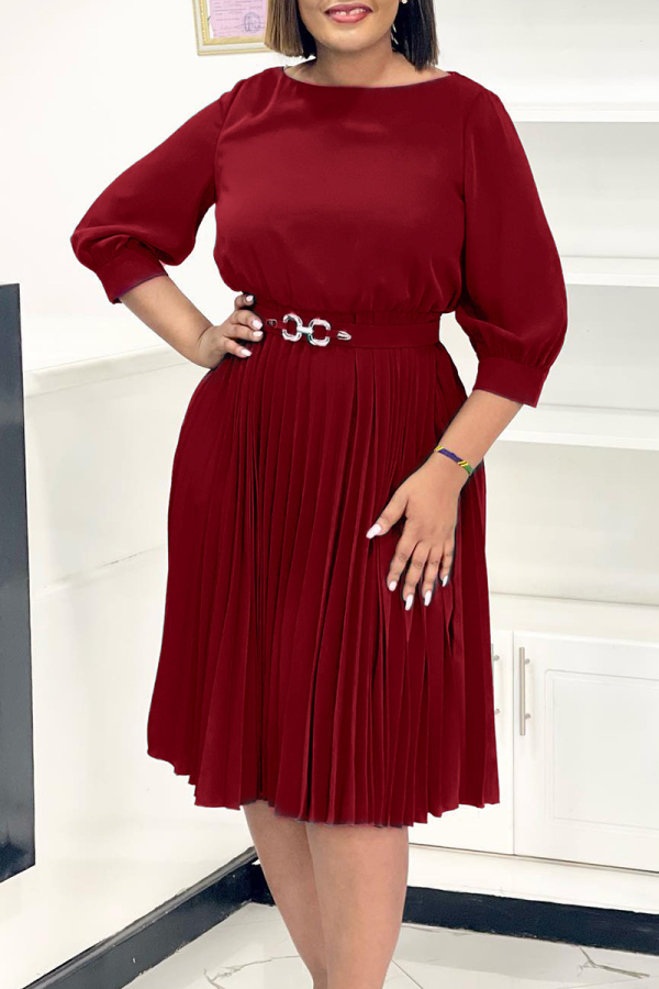 Burgundy Casual Solid Color With Belt Pleated O Neck Long Dresses