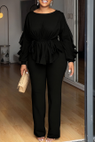 Yellow Casual Solid Color Draw String O Neck Long Sleeve Two Pieces