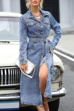 Blue Casual Solid Color Buckle Turndown Collar Long Sleeve Regular Denim Dresses