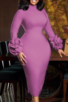 Pink Elegant Solid Color Flower Shape O Neck Wrapped Skirt Dresses