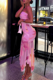 Pink Sexy Print Patchwork Strapless Irregular Dresses
