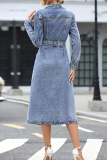 Blue Casual Solid Color Buckle Turndown Collar Long Sleeve Regular Denim Dresses