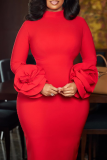 Pink Elegant Solid Color Flower Shape O Neck Wrapped Skirt Dresses