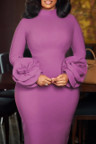 Pink Elegant Solid Color Flower Shape O Neck Wrapped Skirt Dresses