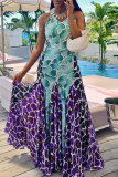 Green Purple Casual Print Contrast Spaghetti Strap Long Dresses