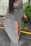 Black Sexy Print High Slit O Neck Long Dresses