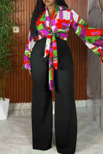 Black Casual Print V Neck Plus Size Two Pieces