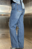 Blue Casual Solid Color Ripped Mid Waist Straight Denim Jeans